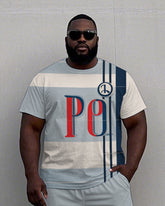 Men's Big Size Simple Stripe PO Printed Casual Short Sleeve T-Shirt and Shorts Set